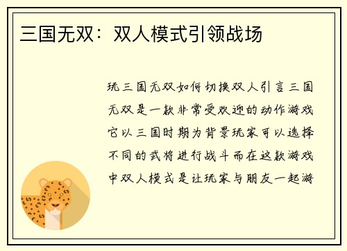 三国无双：双人模式引领战场